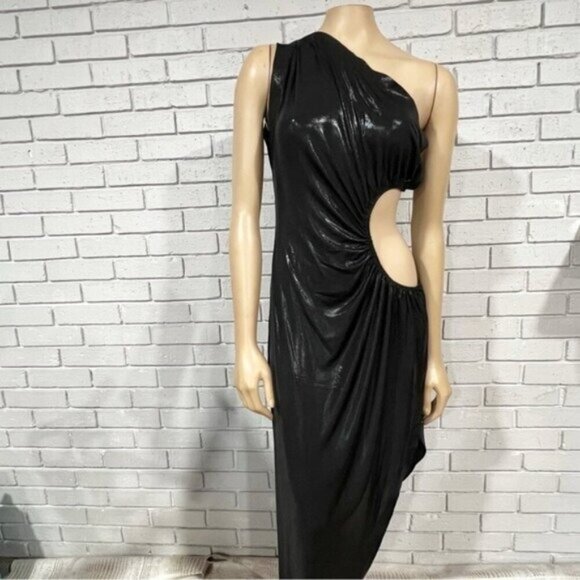 Norma Kamali Sunburst One‑Shoulder Cut‑Out Gown – Size XL – Black Lamé / Evening - Picture 5 of 13